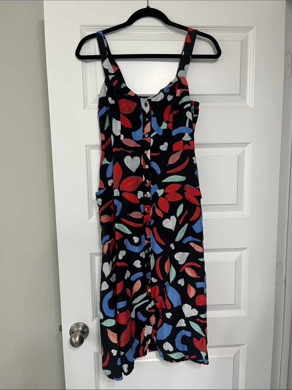 HUNTER BELL Black Midi Dress with Red, Blue & Mint Heart Floral Print